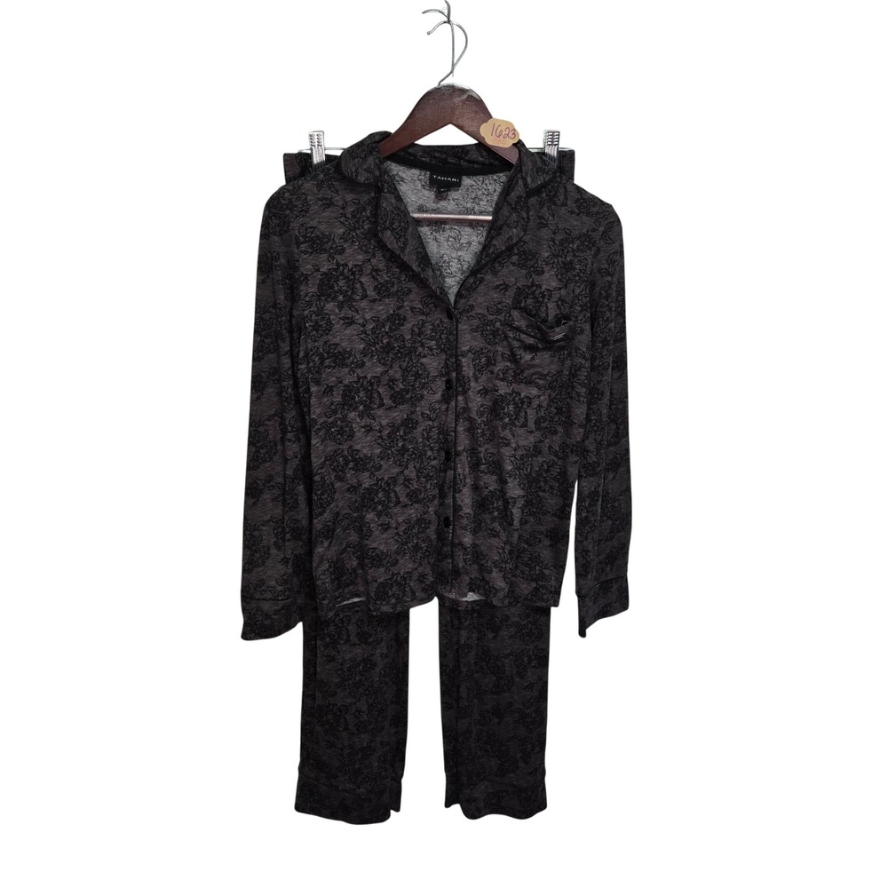 Tahari Womens Pajama Set Small Gray Black Floral Button Front Long Sleeve Pants